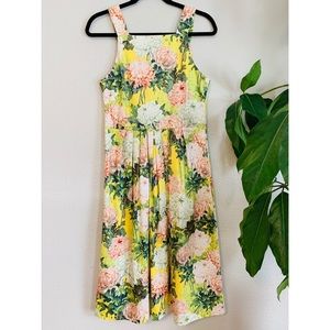Yellow Floral Pleated Midi Dress